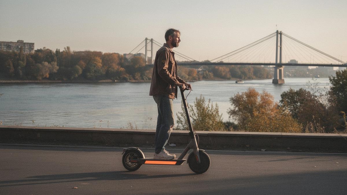 Rider on an electric scooter beside a riverside path in Kyiv
